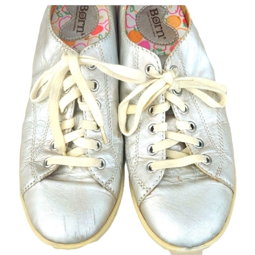 BORN tarnished silver leather sneakers sz 9  in good used condition